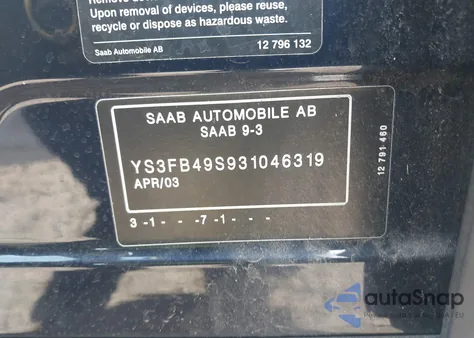 2003 Saab 9-3 Linear из США, поврежденный, VIN YS3FB49S931046319